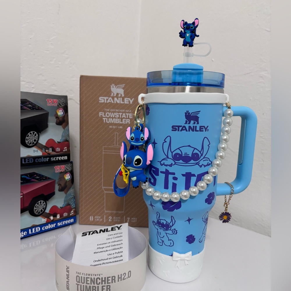 Stanley Blue and White Kids Tumbler with Stitch Charm